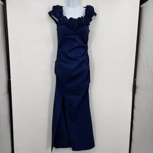 Xscape by Joanna Chen Cocktail Navy Blue Ruffle Neck Evening Gown Women’s 10